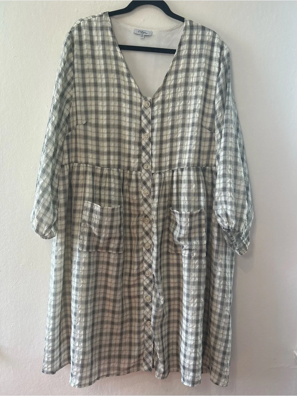 Sage Green Plaid 2XL Puff Sleeve Dress Cottagecore Button Front Prairie Pockets